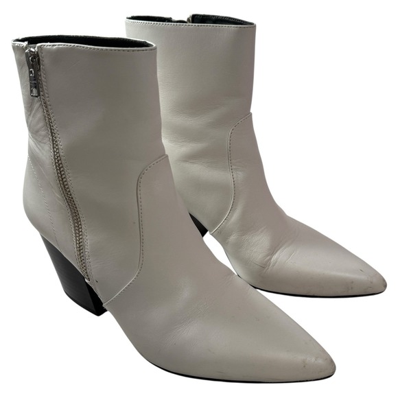 AllSaints Aster White Leather Ankle Boots Women's 39 Pointed Toe Zip Block Heel - Picture 1 of 13